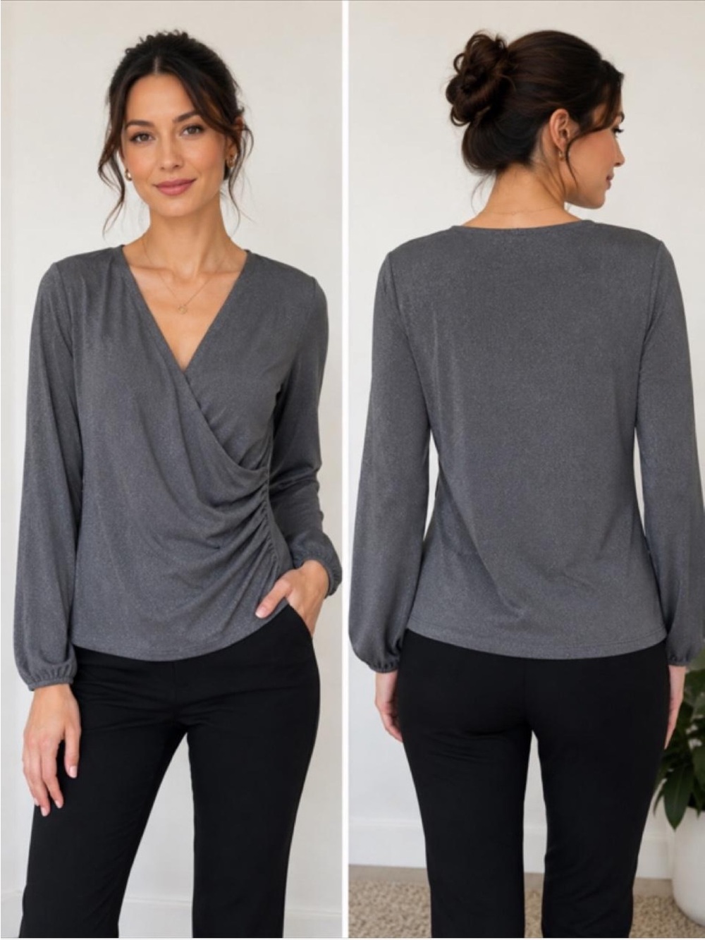 Talbots Gray Draped V-Neck Long Sleeve Blouse